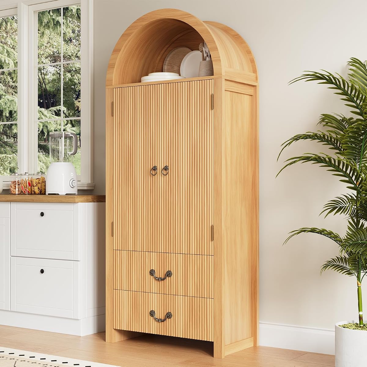 71" Arched Storage Cabinet with Fluted Doors, Tall Wood Pantry Cabinet with Drawers & Adjustable Shelves, Modern Coffee Bar Cabinet, Natural Oak