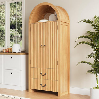 71" Arched Storage Cabinet with Fluted Doors, Tall Wood Pantry Cabinet with Drawers & Adjustable Shelves, Modern Coffee Bar Cabinet, Natural Oak