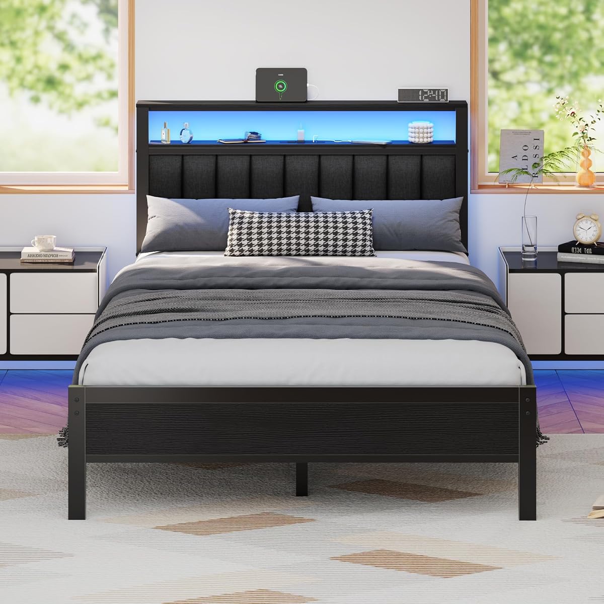 Full Size Bed Frame with Charging Station and LED Lights