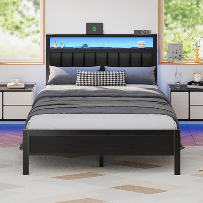 Full Size Bed Frame with Charging Station and LED Lights