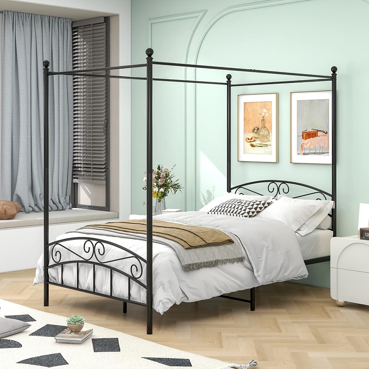 Metal Canopy Bed Frame Four-Poster, Full, Black