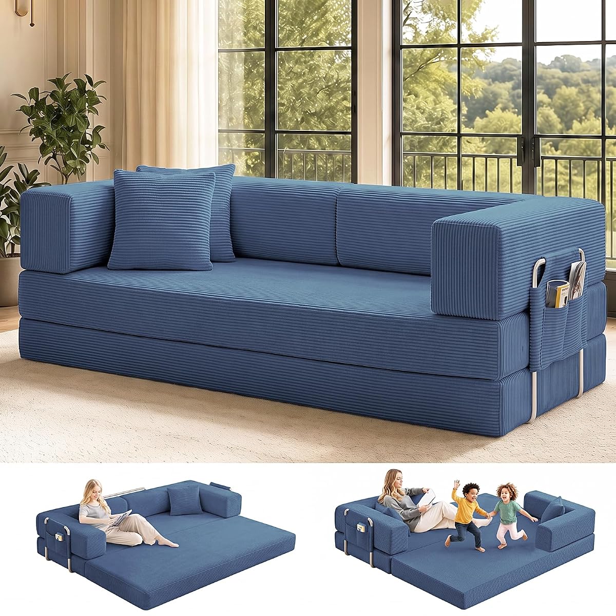 Folding Sofa Bed Convertable Corduroy Couch King Size Floor Sleeper 4-in-1 DIY Combination Modular Sofa Fold Out Futon Lounge Comfy Foldable Lazy cama for Living Room
