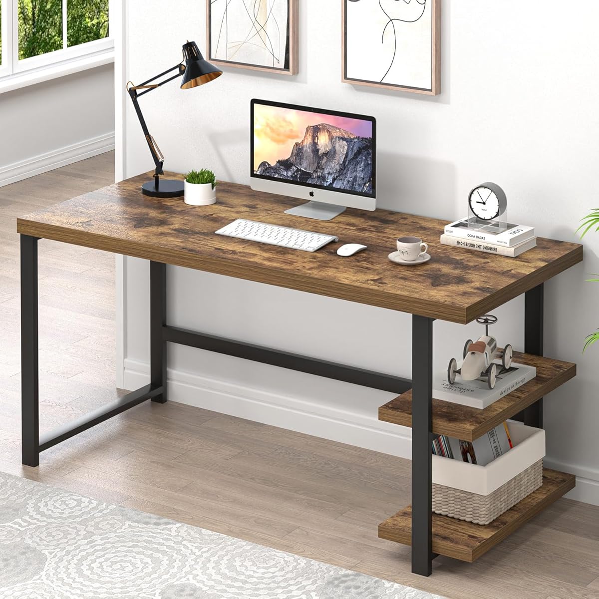 Modern Computer Desk, Home Office Desk with Storage Shelf, Wood Study Writing Table Workstation for Bedroom Living Room, Rustic Brown, 53 Inch