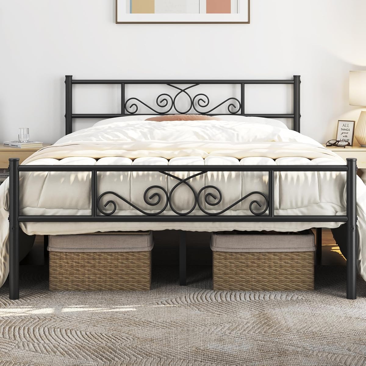 Full Metal Bed Frame with Scroll Headboard and Footboard Black