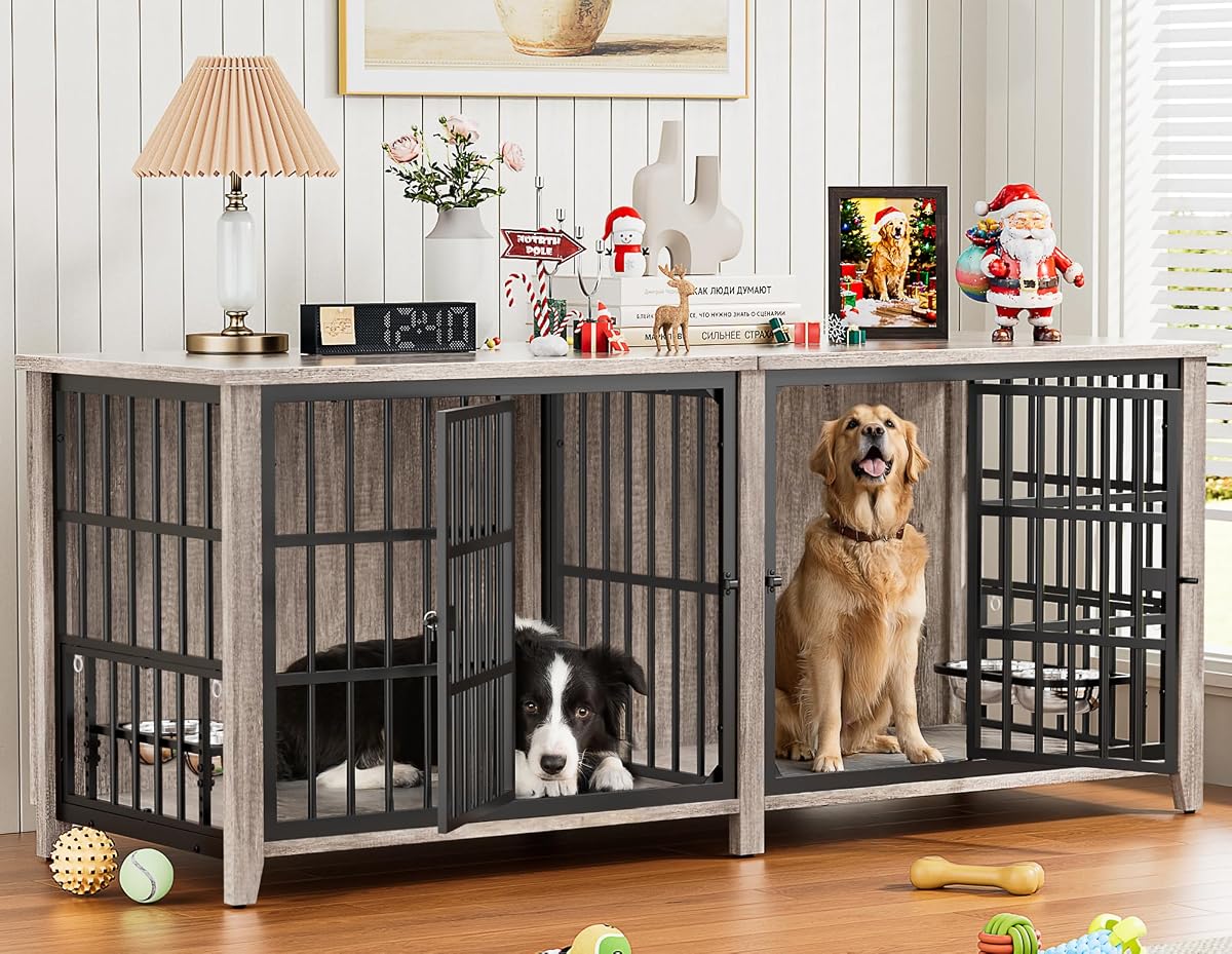 78" Dog Crate Furniture for 1 or 2 Dogs, Double Dog Crates, Grey