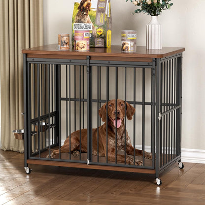 Dog Crate Furniture, 42’’ Wooden Dog Kennel Indoor with Sliding Front Door