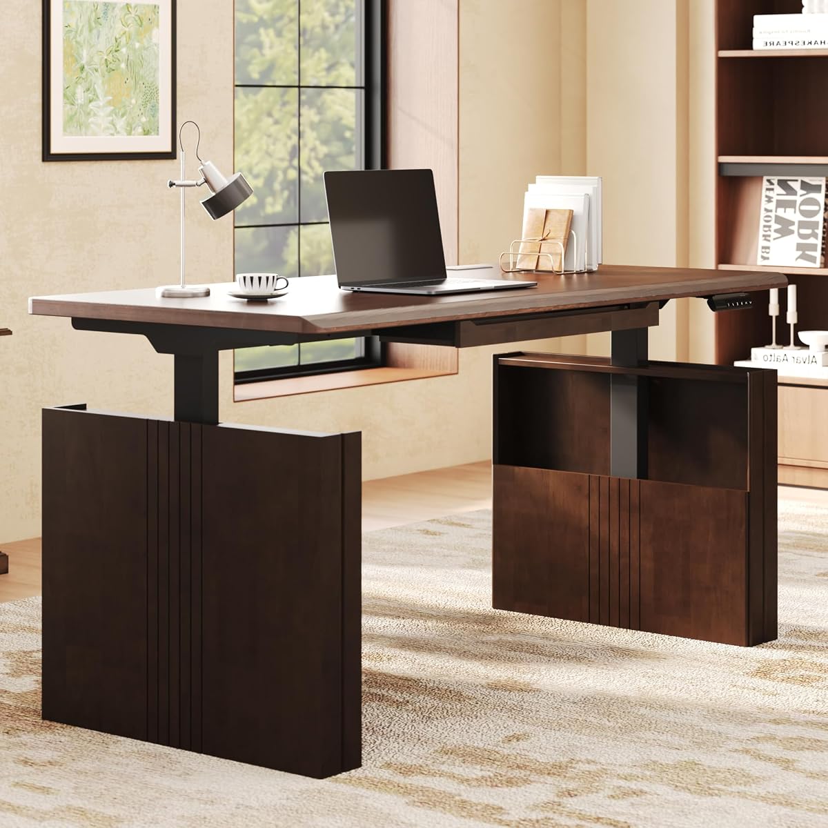FLEXISPOT 63" WoodiX Solid Wood Executive Standing Desk with Drawer, Walnut
