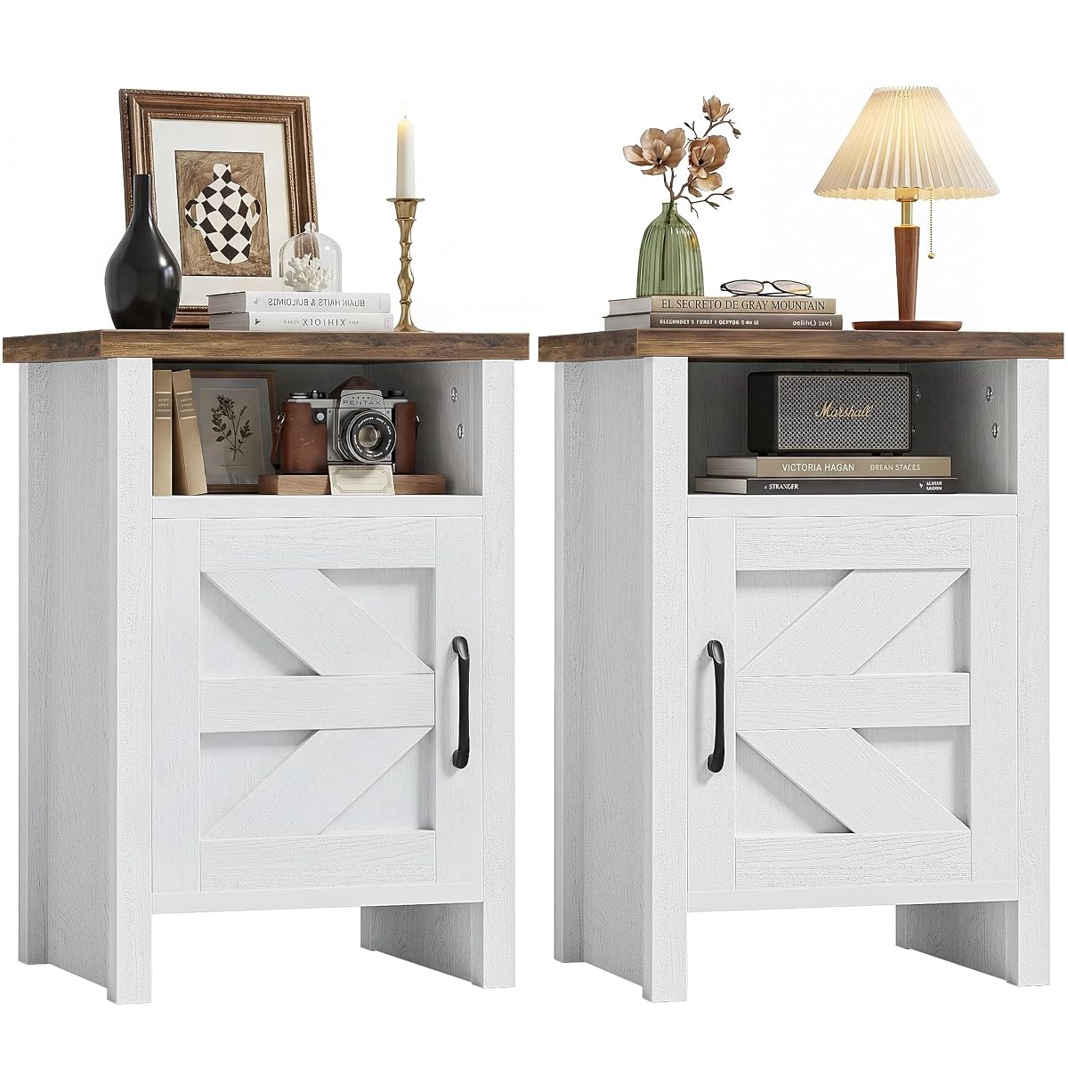 Farmhouse Nightstand, Modern Bedside Table with Barn Door and Shelf, Rustic End Table Side Table for Bedroom, Living Room(2, Rustic & White)