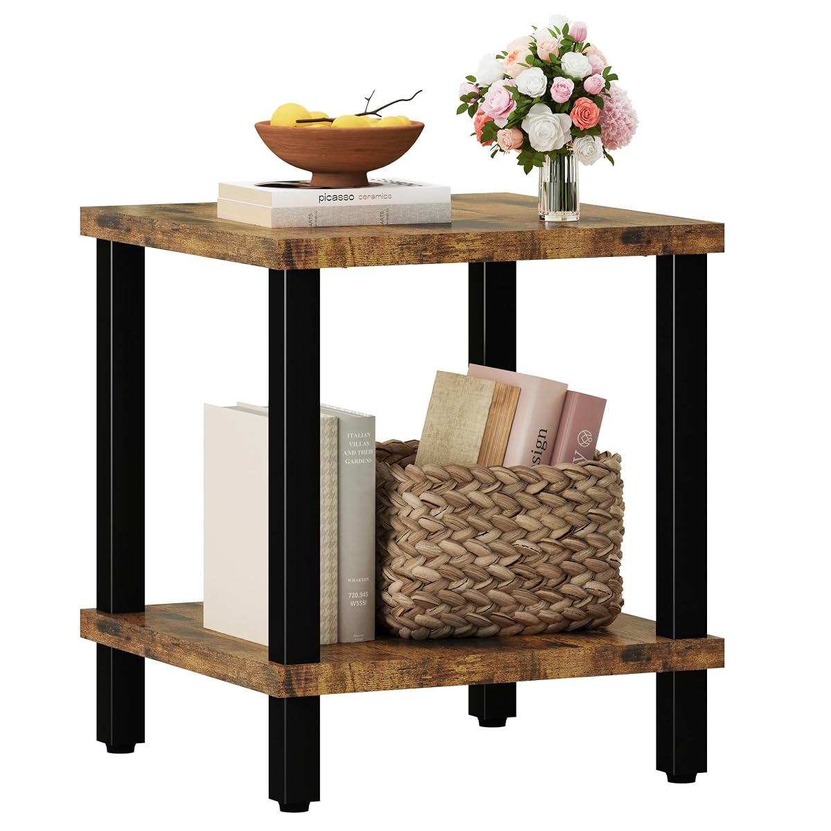 Large End Table Square Side Table Modern Sofa Table 20 Inch Industrial Coffee Table NightStand with 2-Tier Storage Shelf for Living Room Bedroom Rustic Brown MLBZ06R