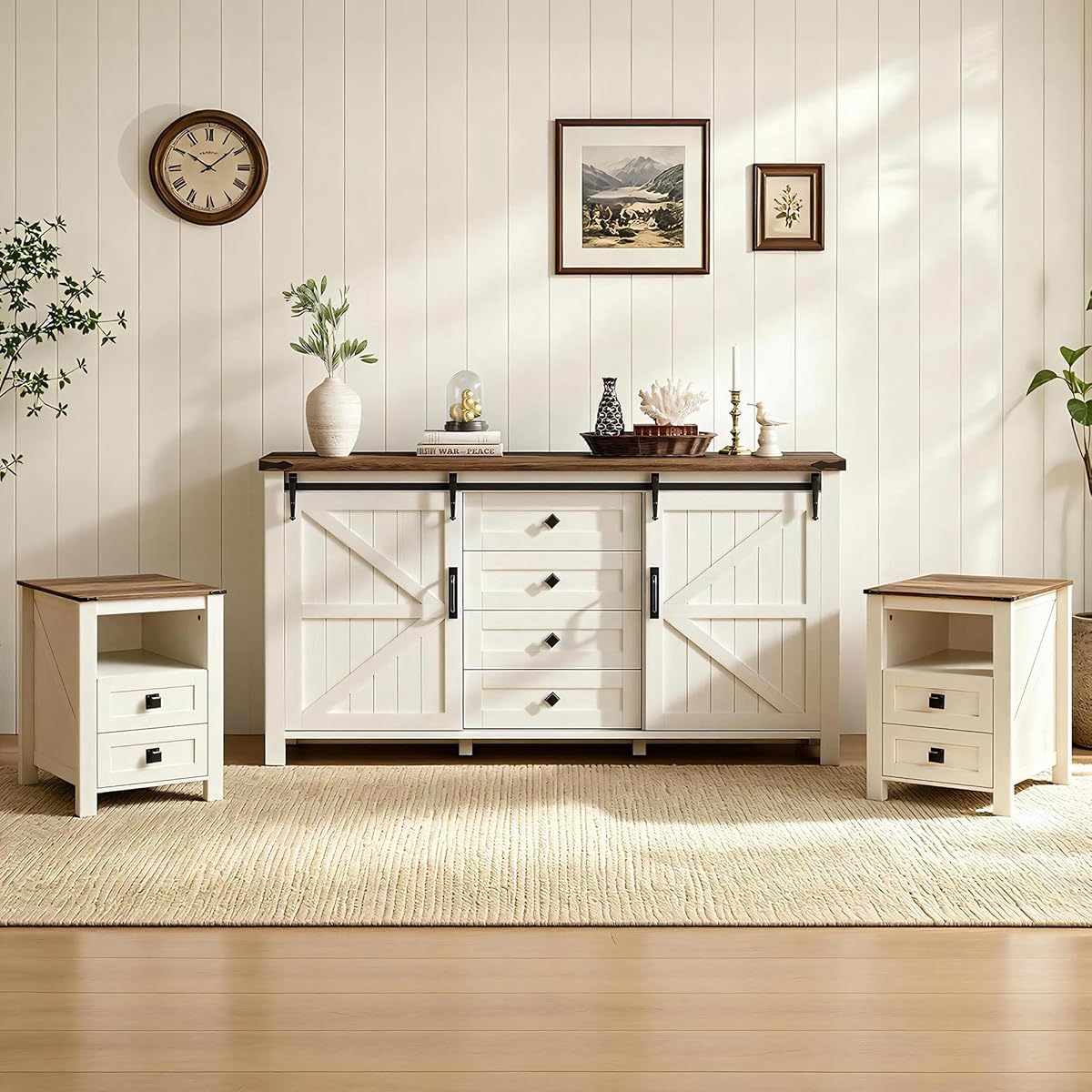 3-Piece Farmhouse Bedroom Furniture Set with Dresser and 2 Nightstands, Sliding Barn Door Wood Storage Set for Bedroom, Distressed White