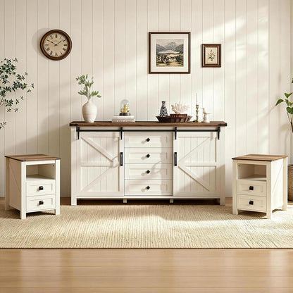 3-Piece Farmhouse Bedroom Furniture Set with Dresser and 2 Nightstands, Sliding Barn Door Wood Storage Set for Bedroom, Distressed White