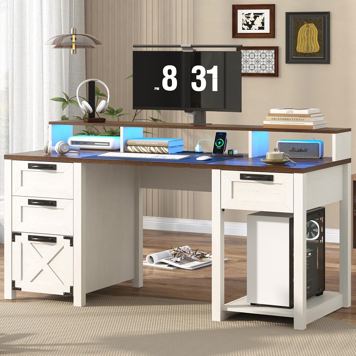 59" Farmhouse Computer Desk with 4 File Drawer & Power Outlet & Led Lights