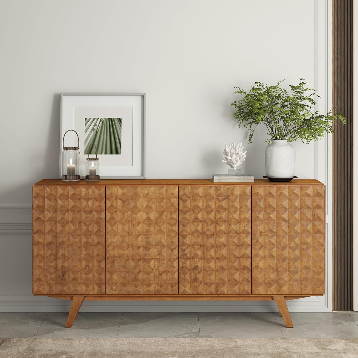 Sapa Mid-Century Modern Solid Wood Sideboard – 4-Door Accent Buffet Cabinet