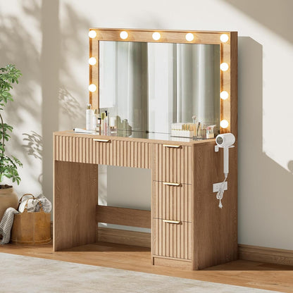 36" Oak Fluted Vanity Desk with Mirror, Adjustable LED & 4 Drawer