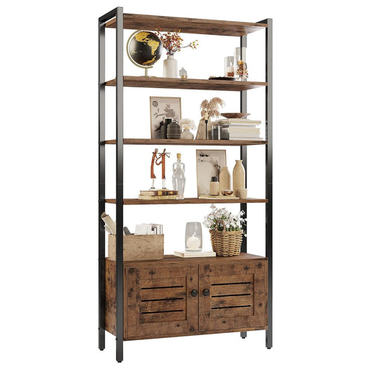 Bookshelf and Bookcase with Two Louvered Doors and Four Shelves, 27.6" Wide Standing Storage Cabinet for Living Room, Home Office, Bedroom, Washroom, Vintage Brown