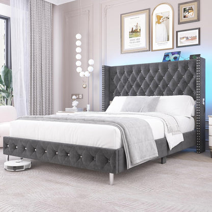 Queen LED Upholstered Bed Frame with Wingback Headboard
