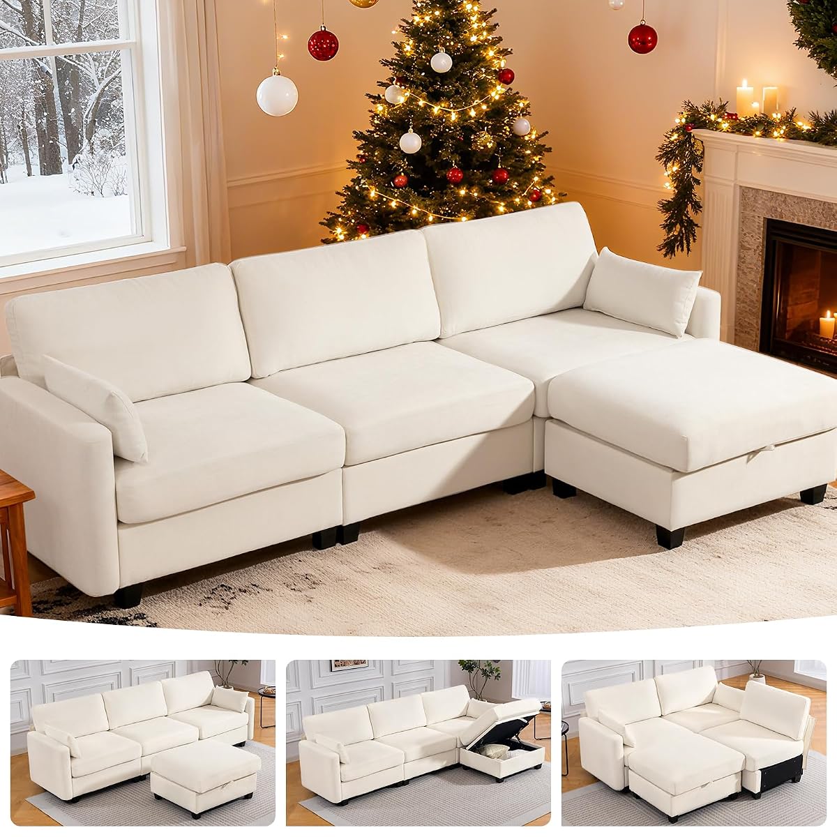 109'' Modular Sectional Sofa, L Shaped Couch with Storage Ottoman, Comfy Cloud Sofa with Deep Seat, 4 Seat Convertible Sectional Couches for Living Room(Beige, High Legs 3.15'')