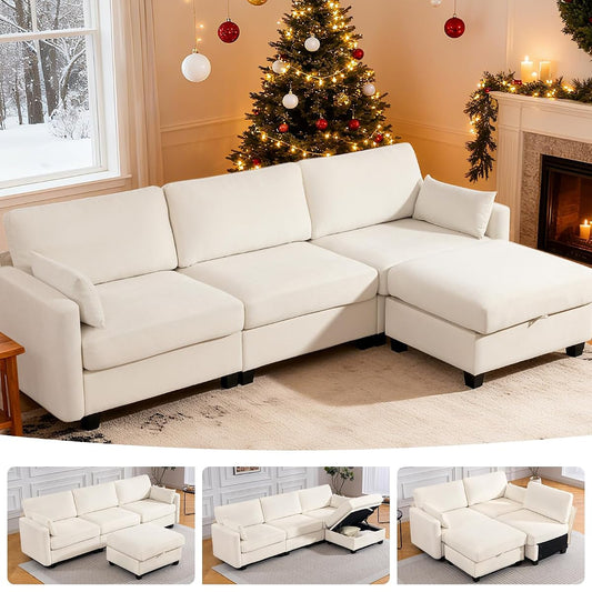 109'' Modular Sectional Sofa, L Shaped Couch with Storage Ottoman, Comfy Cloud Sofa with Deep Seat, 4 Seat Convertible Sectional Couches for Living Room(Beige, High Legs 3.15'')