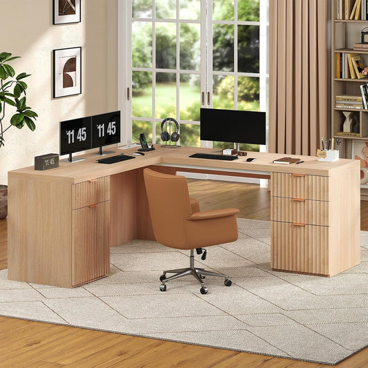 69" Fluted L Shaped Executive Desk with Power Outlets & File Drawer