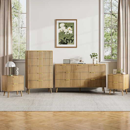 Fluted Dresser and Nightstand Sets 4 Piece, 2-Drawer Nightstands and 5/7 Drawers Dresser, Wood Bedroom Furniture Set for Home, Bedroom, Hallway, Oak