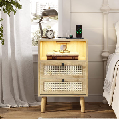 Rattan Nightstand with Charging Station, LED Night Stand for Bedroom, Wood End Table with USB Ports, Boho Bedside Table with 2 Drawers, Natural