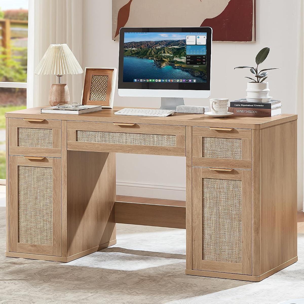 56" Rattan Office Desk with 3 Drawers & 2 File Cabinets, Natural