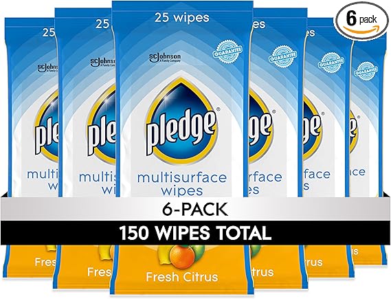 Pledge Multi-Surface Furniture Polish Wipes, Works on Wood, Granite, and Leather, Cleans and Protects, Fresh Citrus - Pack of 6 (150 Total Wipes)
