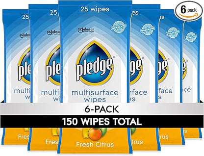 Pledge Multi-Surface Furniture Polish Wipes, Works on Wood, Granite, and Leather, Cleans and Protects, Fresh Citrus - Pack of 6 (150 Total Wipes)