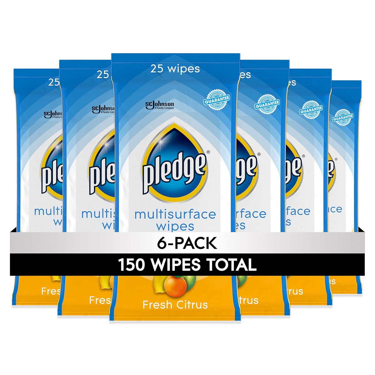 Pledge Multi-Surface Furniture Polish Wipes, Works on Wood, Granite, and Leather, Cleans and Protects, Fresh Citrus - Pack of 6 (150 Total Wipes)