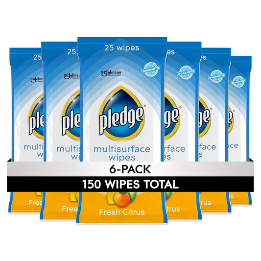 Pledge Multi-Surface Furniture Polish Wipes, Works on Wood, Granite, and Leather, Cleans and Protects, Fresh Citrus - Pack of 6 (150 Total Wipes)