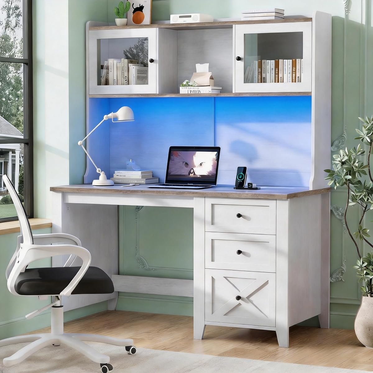 Farmhouse Computer Desk with Power Outlets & LED Light