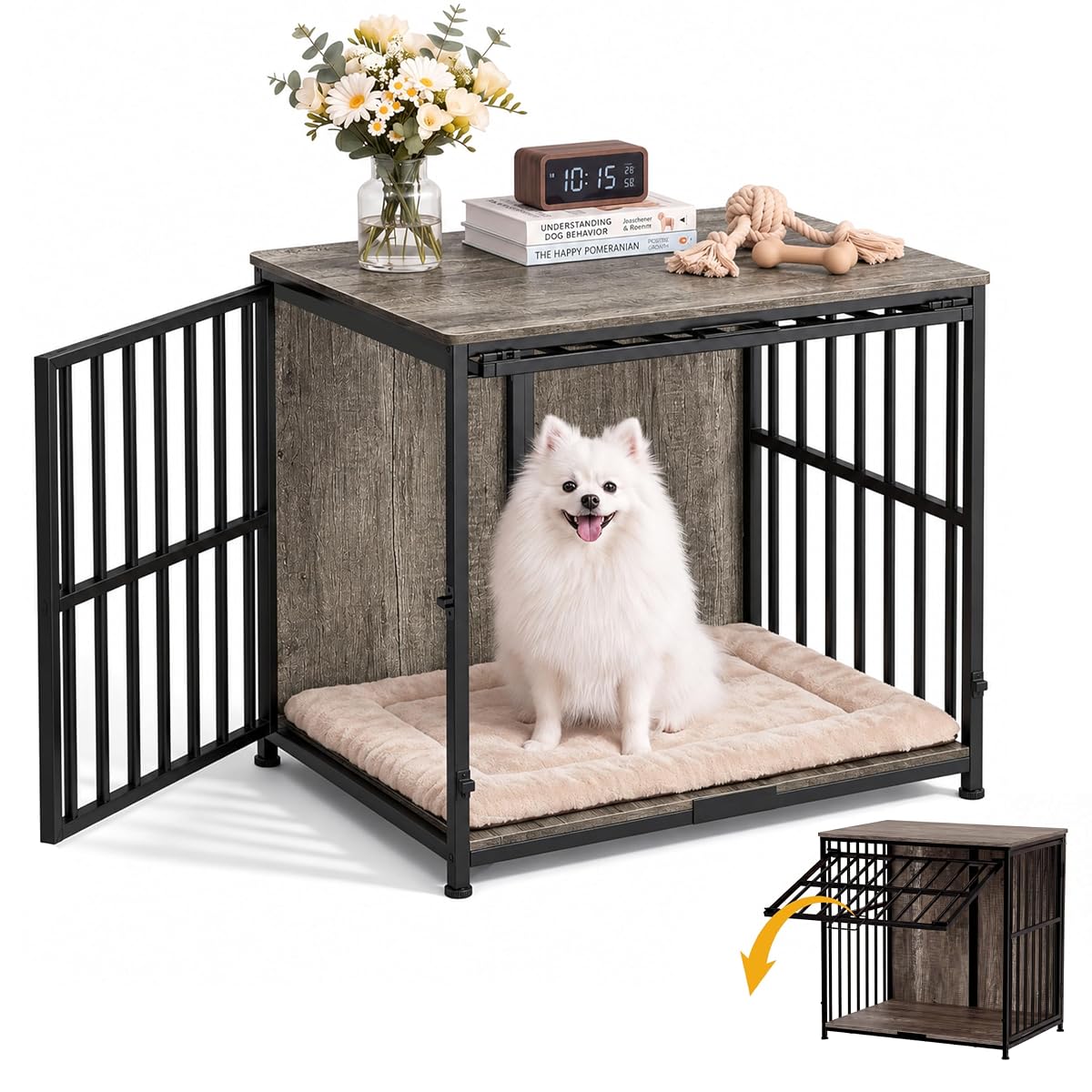 Heavy-Duty Dog Crate Furniture, 27 IN Wooden Dog Kennel with Flip-Up Door