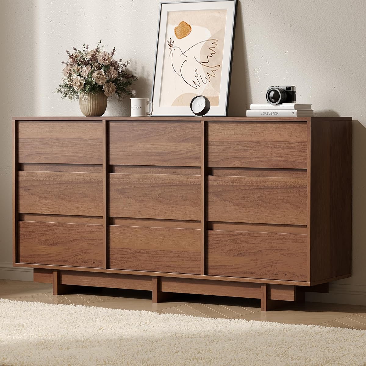 9 Drawer Walnut Dresser for Bedroom,59" Wide Mid Century Modern Dresser