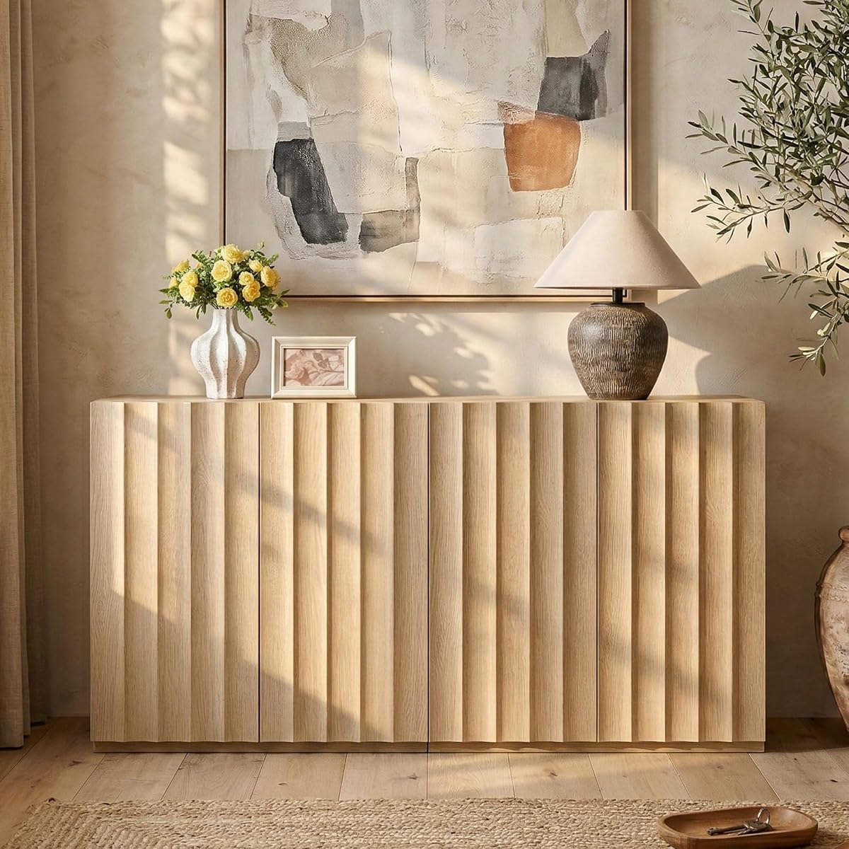 Sideboard Cabinet, 62.74" Buffet Fluted Cabinet, Light Oak