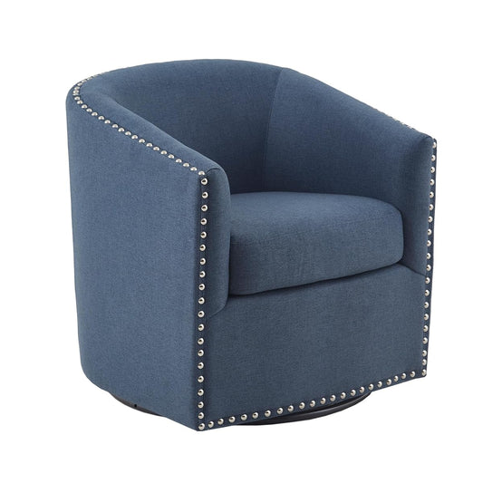 Swivel Barrel Accent Chair, Upholstered Curved Back with 7-Inch Thick Woven Cushion, 360° Swivel, Nailhead Trim, Comfy Chair for Living Room, Bedroom, Office, 28" Wide, Blue, Tyler