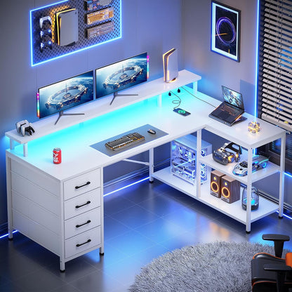 L Shaped Gaming Desk with 4 Drawers, Shelves, Power Outlets, White