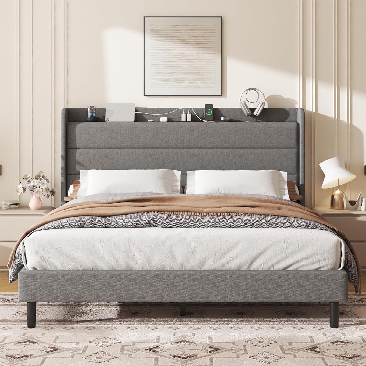 King Linen Multifunctional Bed with Charging Station & Storage Headboard