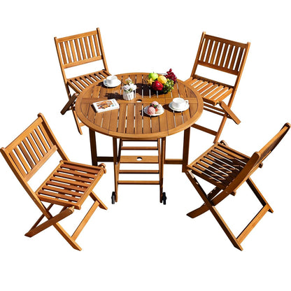 5 Piece Patio Dining Set Outdoor Acacia Wood Furniture All-Weather Folding Round Table and Chairs for Backyard, Balcony, Porch, Deck, Garden, Light Brown