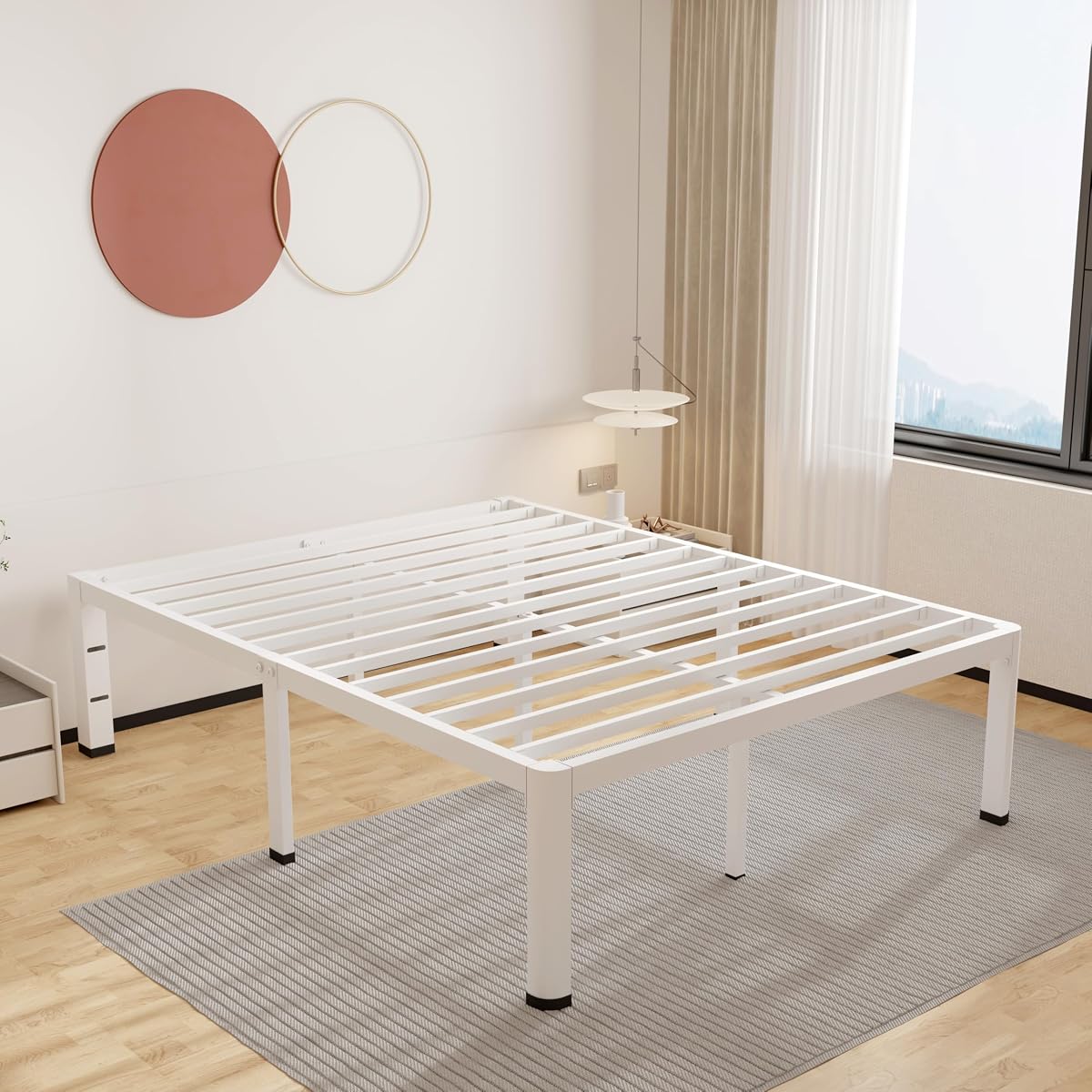 14 Inch Full Bed Frame Metal White with Rounded Corner Mattress Baffle