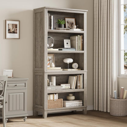 71" Farmhouse Bookcase, 5-Tier Tall Bookshelf with Adjustable Shelves