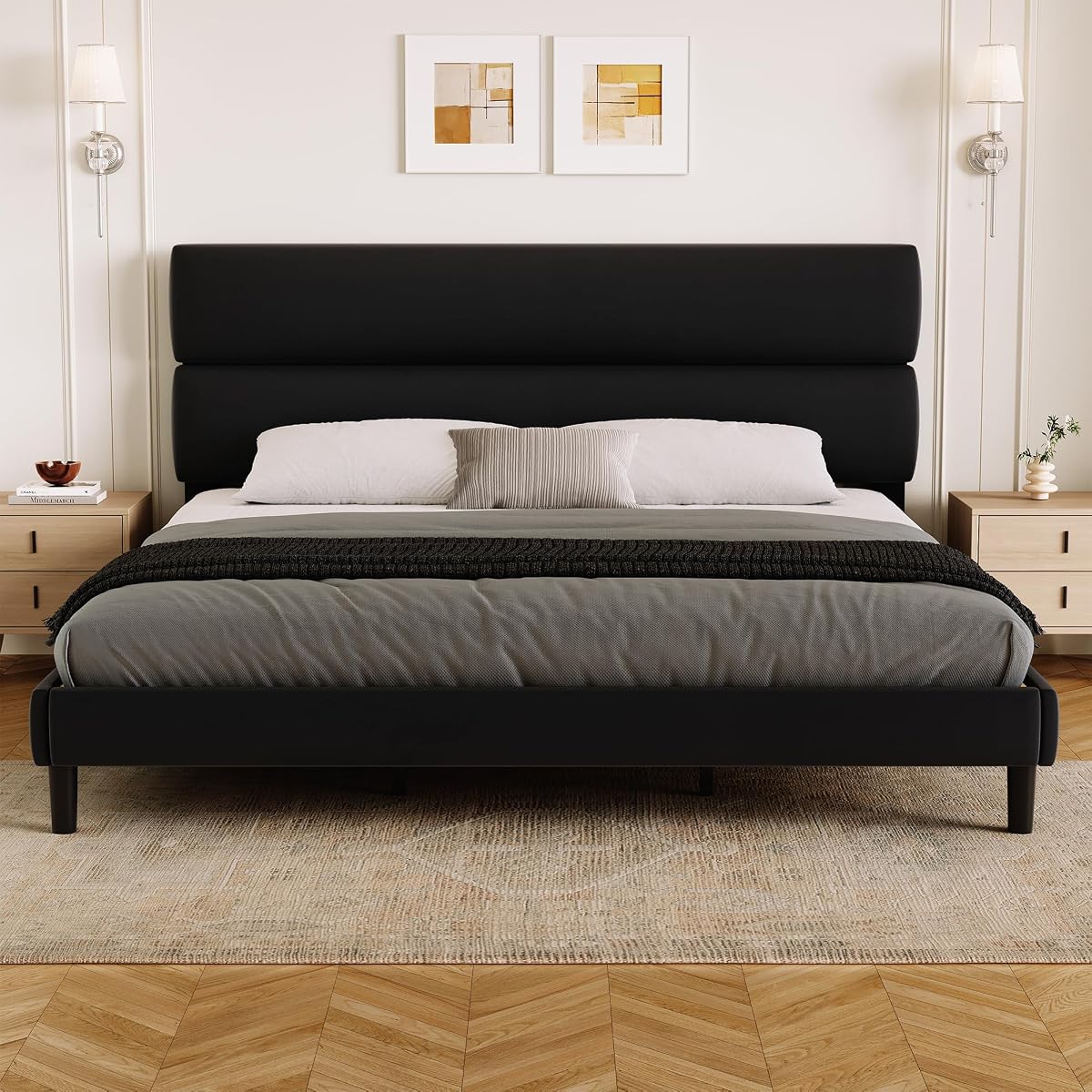 King Size Platform Bed Frame with Velvet Headboard