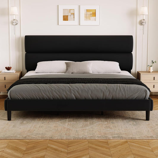 King Size Platform Bed Frame with Velvet Headboard