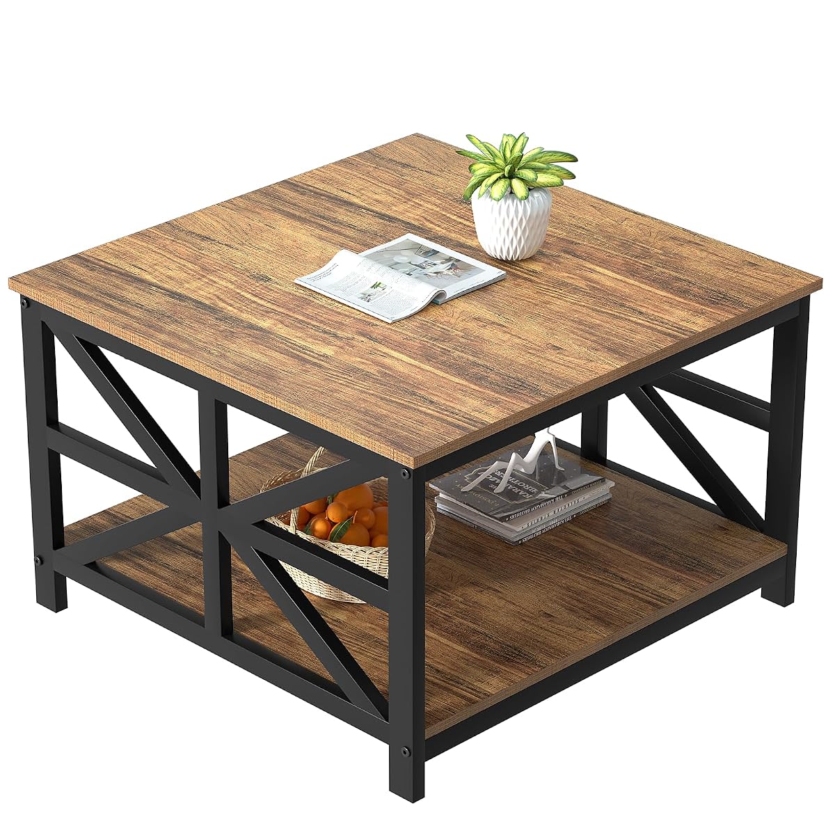 Rustic Living Room Coffee Table with 2 Tier Storage | X Metal Frame Square Center Table with Seamless One-Piece Tabletop,27.55 inch Sofa Table,Scratch-resistant,Walnut