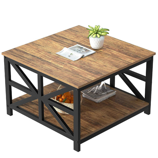 Rustic Living Room Coffee Table with 2 Tier Storage | X Metal Frame Square Center Table with Seamless One-Piece Tabletop,27.55 inch Sofa Table,Scratch-resistant,Walnut