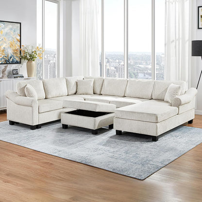 Sectional Sofa 111.8" U Shaped Sofa Chenille Upholstered Sofa Couch with Movable Storage Ottoman for Living Room, White