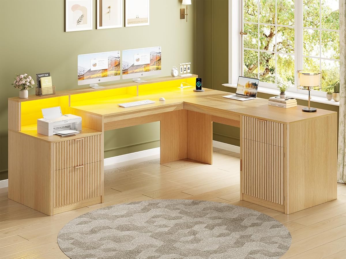 66" Modern L Shaped Desk with Drawers, Fluted Home Office Desk with File Cabinet and Printer Shelf, Wood Executive Desk with Monitor Stand, Power Outlets, Led Lights, Oak