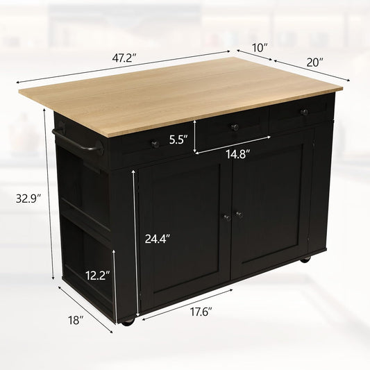 Rolling Kitchen Island with Drop Leaf Countertop, Charging Station & Ample Storage - 47.2 in Mobile Kitchen Cart on Wheels with Pull-Out Shelves, Drawers, Spice Rack & Organizer Divider