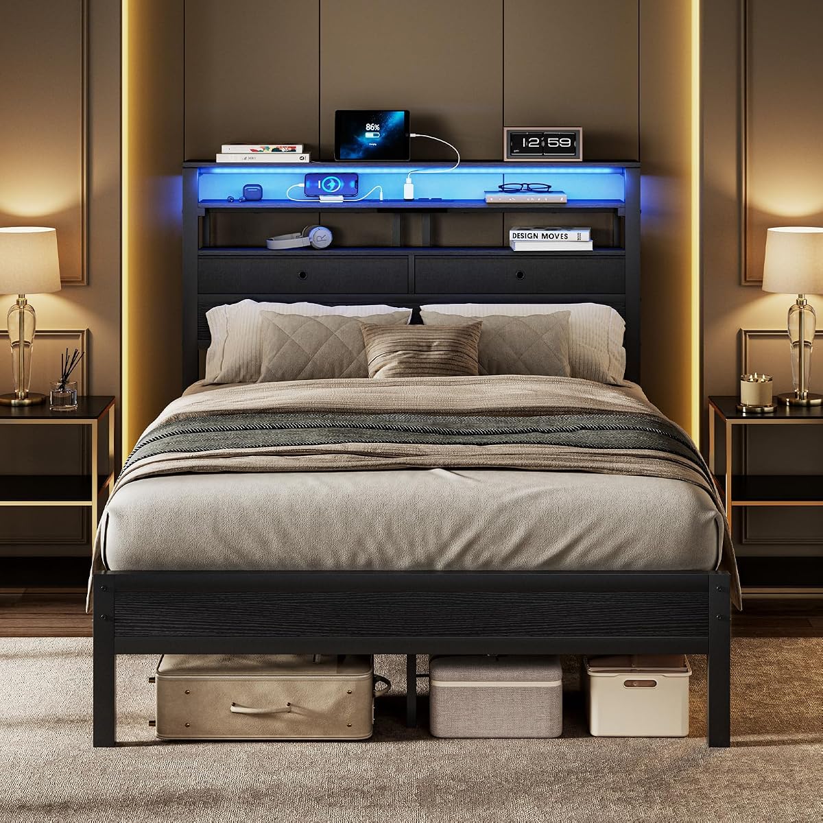 Full Bed Frame with Storage, LED Lights and Charging Station