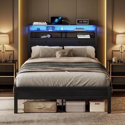 Full Bed Frame with Storage, LED Lights and Charging Station