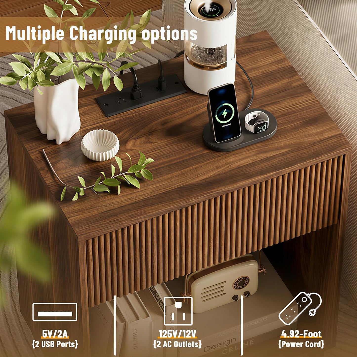 Fluted Nightstands Set of 2, Night Stand with Charging Station, Modern Bed Side Table with Drawer and Storage Shelf, Wood Mid Century End Table for Bedroom Living Room (Walnut)